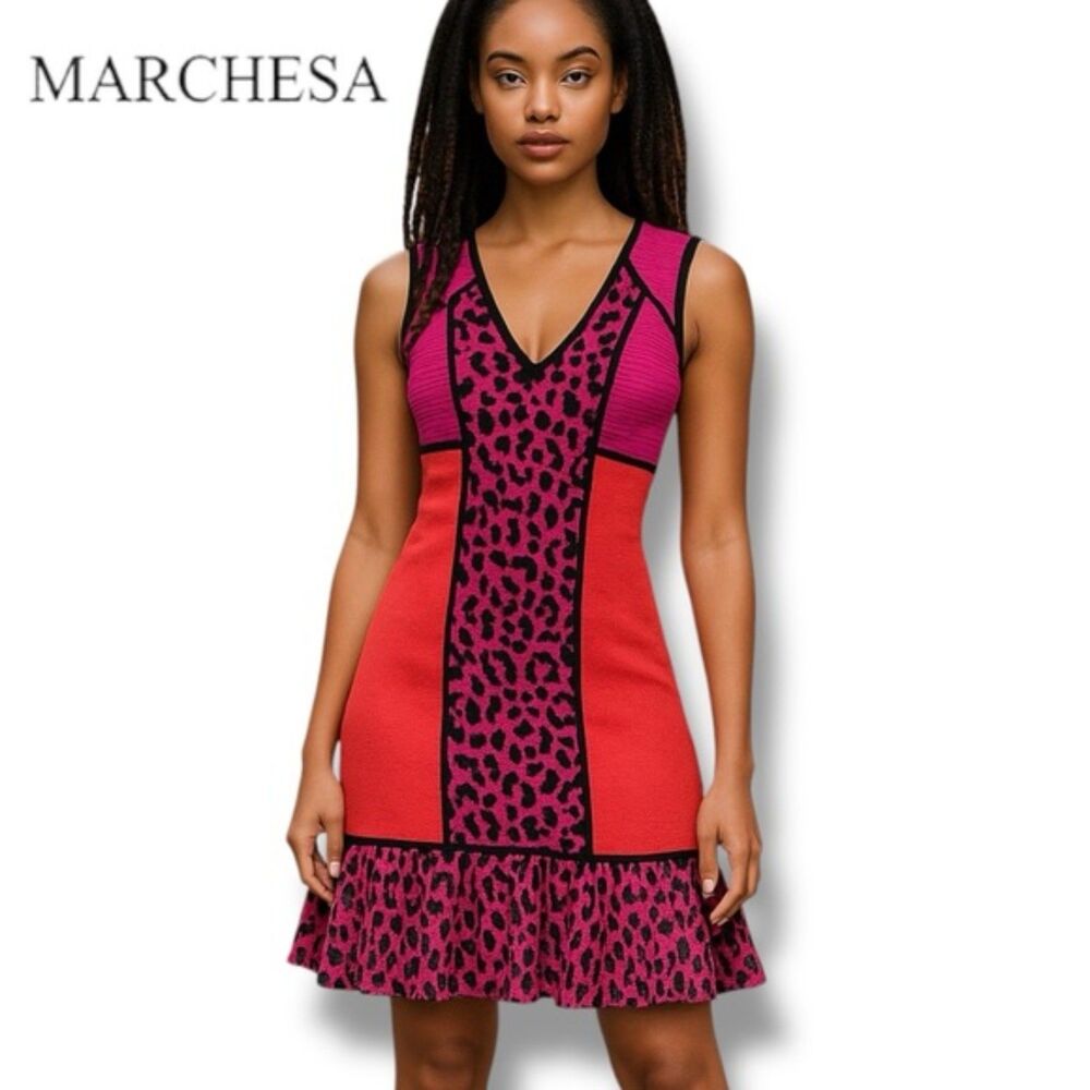 Marchesa Voyage Red Dress Sleeveless Animal Print Bodycon Ruffle Hem Valentine S